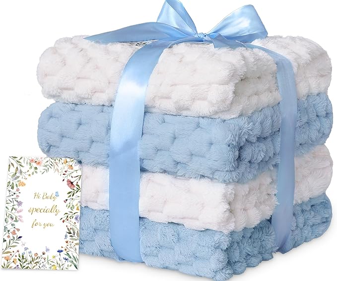 HOMRITAR 4 Pcs Baby Blanket for Unisex 3D Flannel Fleece Fluffy Blankets for Baby Soft Plush Breathable Bed Blanket for All Season Toddler Infant or Newborn 30 x 40 Inch (2 Pcs Blue, 2 Pcs Cream)