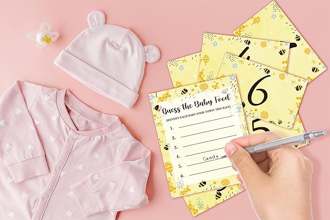 Baby Shower Game Set, Find The Baby Food Party Games(1 Standing Sign + 20 Answer Cards + 6 Number Cards), Bumble Bee Shower Games, Honey Honeycomb Gender Reveal Party Favor Decor(A07)