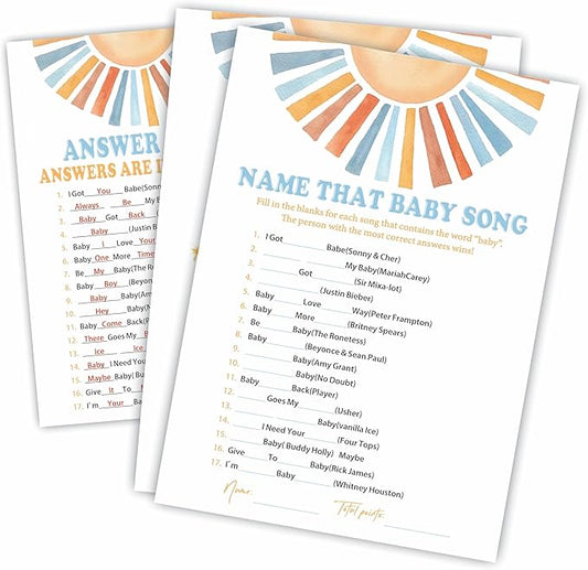 Name That Baby Song Baby Shower Game Kit - Watercolor Retro Sun - 30 Double-Sided Fill In Game Cards For Baby Shower, Gender Reveal Party Favor, Activity & Supplies - B10