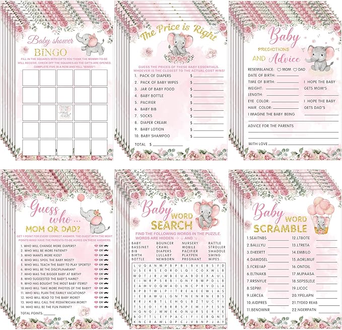 Jetec 302 Pcs Theme Baby Shower Games, 6 Games, 50 Sheets Each, Baby Shower Bingo, Baby Word Scramble, Baby Word Search, Baby Predictions and Advice, The Price is Right, Guess Who (Pink Elephant)