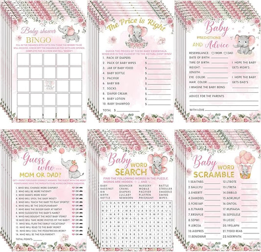 Jetec 302 Pcs Theme Baby Shower Games, 6 Games, 50 Sheets Each, Baby Shower Bingo, Baby Word Scramble, Baby Word Search, Baby Predictions and Advice, The Price is Right, Guess Who (Pink Elephant)