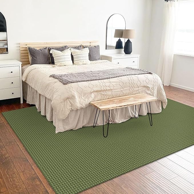 KOZYFLY Washable Area Rug 5x7 ft Rubber Backed Non Slip Rugs for Living Room Braided Cotton Bedroom Rug Woven Office Rugs Indoor Floor Carpets for Dining Bedroom Living Room, Olive Green/Earthy Green