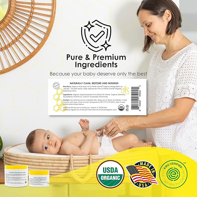 La Petite Creme French Organic Diaper Balm (4 oz) - Healing & Nourishing Diaper Cream - Gentle & Safe Liniment Baby Lotion - USDA Certified Organic - Baby Essentials for Newborn