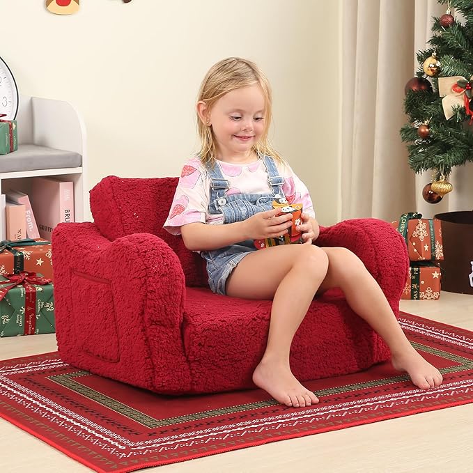 Kids Chairs for Toddler, 2-in-1 Toddler Soft Sherpa Couch Fold Out, Convertible Sofa to Lounger for Girls and Boys, Christmas Decor, Red