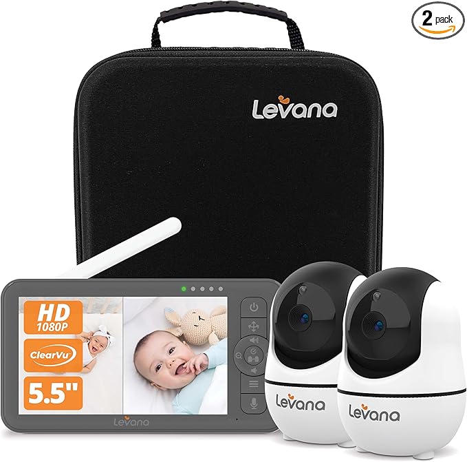 Levana Nala 5.5" HD Video Baby Monitor, 2 1080P Night Vision PTZ Cameras, 22 Hour Battery Life, 5000mAH Battery, No WiFi, Two-Way Talk, 1000ft Range, Carrying Case, 2 Year Warranty