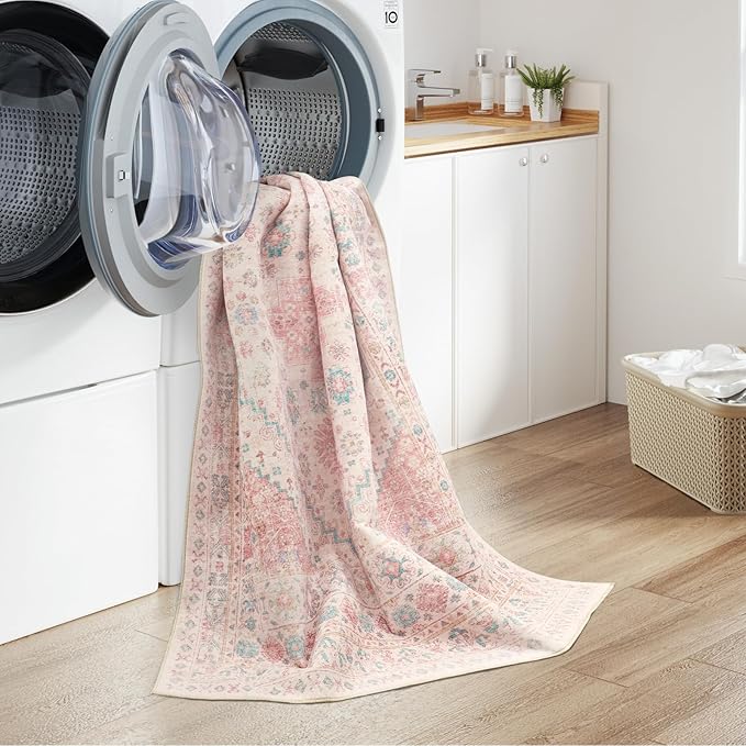 zesthome 6x9 Washable Rugs for Baby Girl, Super Soft Pink Rugs for Nursery Room, Non-Slip Stain Resistant Bedroom Rug, Ultra-Thin Large Area Rug (Pink/Blue,6'x9')