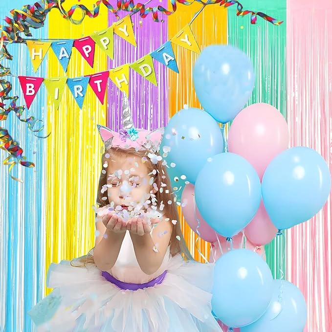 BRAVESHINE Tinsel Foil Fringe Curtains - 2Pcs 3.2x8.2ft Pastel Colourful Photo Backdrop for Sweet Birthdays Easter Bunny Bridal Shower Fairy Kids Candy Donut Party Decorations