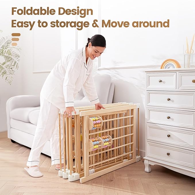 Wooden Playpen & Play Yards for Babies and Toddlers, 67 * 67inch Foldable Wood Baby Play Fence with Sensory Toys, Kids Activity Area Center Indoor Outdoor, Pinewood