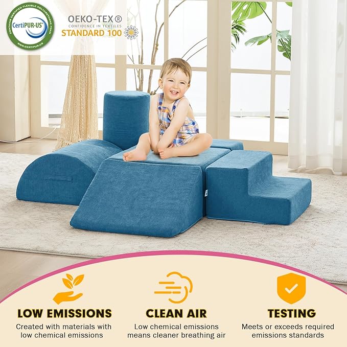 jela Kids Foam Climbing Blocks 6Pcs Soft Play, Toddler Climbing Toys Indoor Soft Play ClimbingSet, Lightweight Climbing Blocks for Babies, Crawling Foam Playset for Toddlers (Miss Fabric Teal)