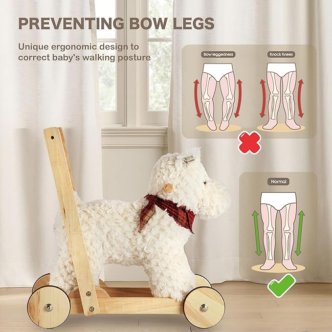 Wooden Baby Walker, 2-in-1 Baby Push Walker & Ride On Toy for Toddlers 12M+, Learning to Walk Toy with Sweet Music, Soft Cuddly Dog Toy for Boys Girls (Scottie Dog) CPC Certified