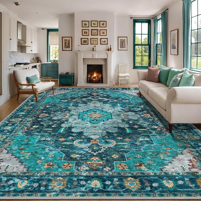 Ciicool 9x12ft Vintage Washable Area Rug,Large Oriental Throw Carpet,Non-Slip Low Pile Rug for Living Room, Bedroom, Dining Room, Office, Kitchen（Teal/Multi）