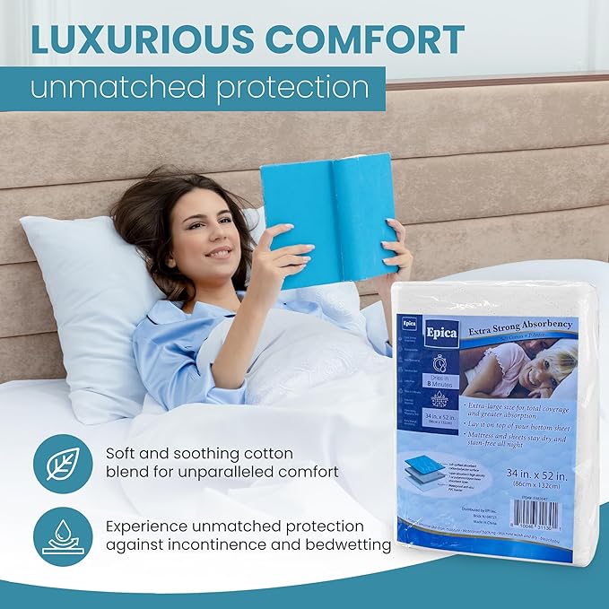 Epica Bed Pads Washable Waterproof - 34"x52" (2 Pack) Incontinence Bed Pads for Adults, Mattress pad to Protect Bed from Stains, Large Bed wetting Pads for Home & Hospital Use (500 Washes)