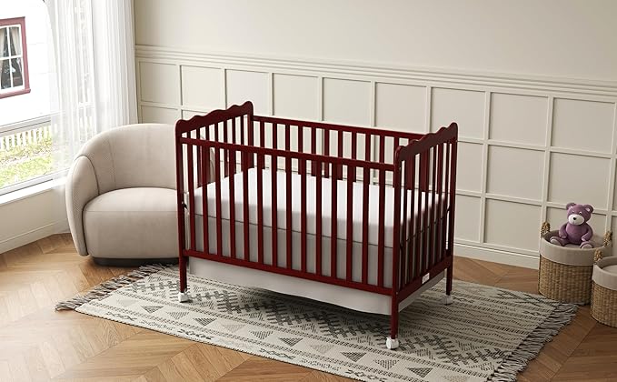 4 in 1 Convertible Baby Crib, Wooden Nursery Cribs Converts into Toddler Bed and Daybed, 3 Adjustable Base, Non-Toxic Finishes, Removable Wheels (Cherry)