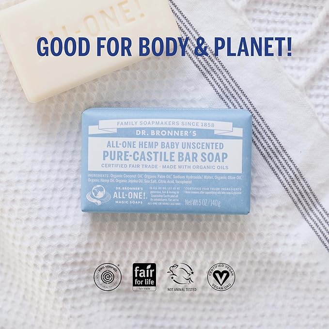 Dr. Bronner's Pure-Castile Magic Bar Soap (Baby Unscented, 5 Ounce, 12-Pack) - Made with Regenerative Organic Certified Oils, Gentle for Sensitive Skin & Babies, Non-GMO, Vegan