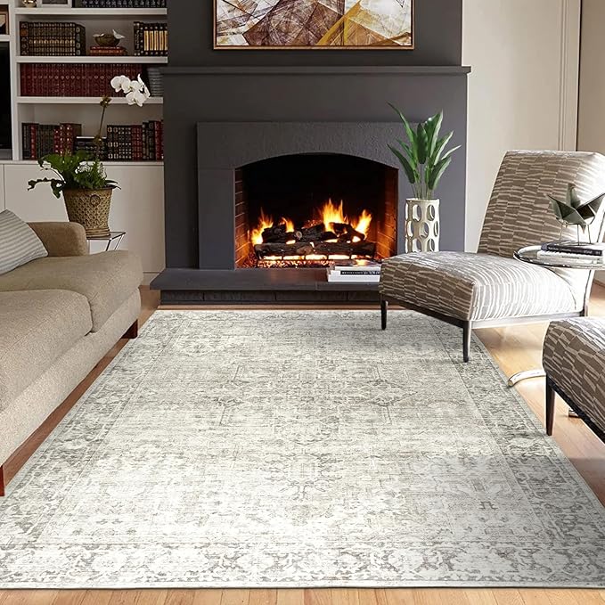 ReaLife Rugs Machine Washable Area Rug - Living Room Bedroom Bathroom Kitchen Entryway Office - Padded Low Pile Stain Resistant Premium - Boho Farmhouse Vintage - Lyle - Beige Ivory 7'6" x 9'6"