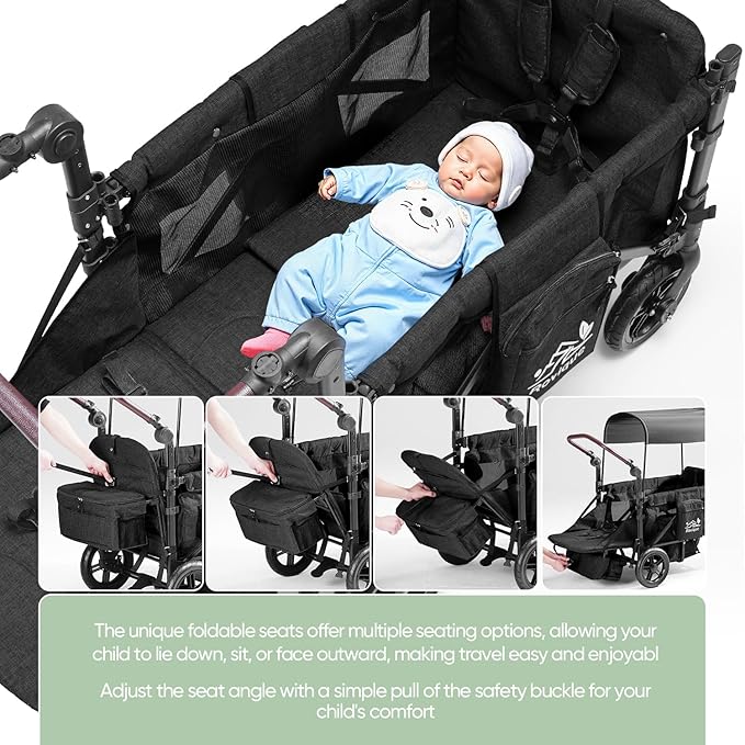 Wagon Stroller for 2 Kids,Premium Wagon for Kids with Removable Canopy,Snack Tray,All-Terrain PU Wheels & Adjustable Push/Pull Handle (Black)