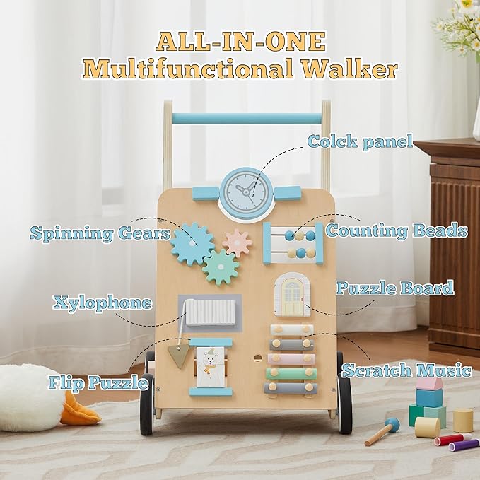 Wooden Baby Walker, Baby Push Walker Adjustable Height and Speed Multiple Learning Activity Walker Baby Walker with Wheels for Girls 6-12 Months, Blue