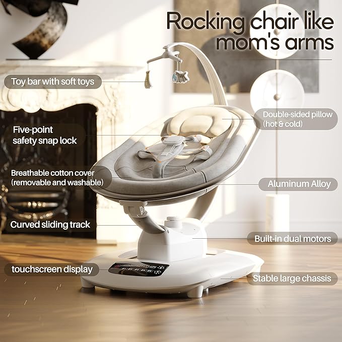 AMKE Luxury Electric Baby Swing for Infants - 5 Swing Motions, Quiet 45dB Motor, Touchscreen Control Panel Adjustable Recline, 5 Buit-in Songs - Newborn Rocker with Detachable Toys