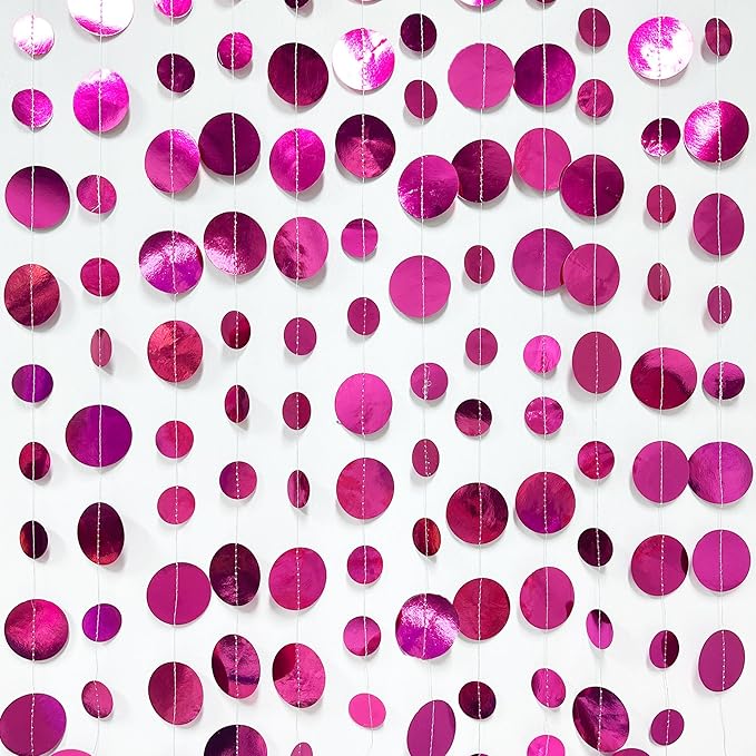 Hot Pink Party Decorations Circle Dots Garland Metallic Rose Pink Hanging Paper Polka Dots Streamer for Bachelorette Birthday Engagement Wedding Bridal Shower Anniversary Baby Shower Party Supplies
