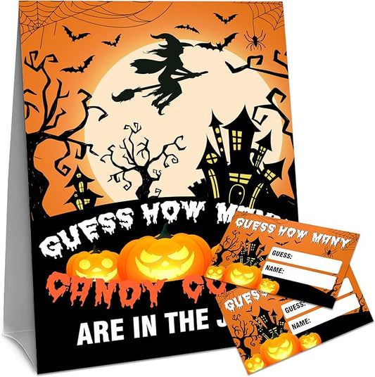 Halloween How Many Candy Corns Are In The Jar - 1 Standing Sign & 50 Guessing Cards - Halloween Witch Party Game & Decoration For Boys, Girls, Adults - Baby Shower, Birthday Game Set - A09