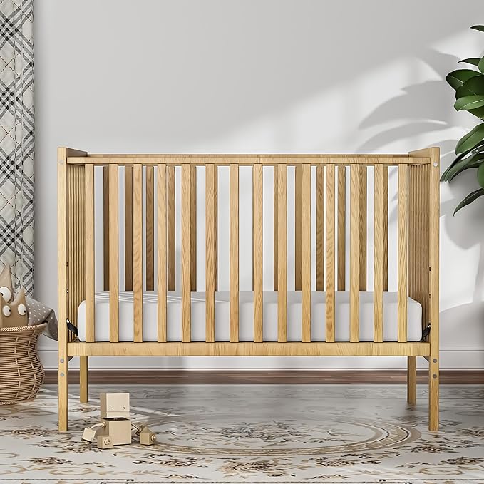Baby Crib 5-in-1 Convertible, Wood Full Size Toddler Bed for Small Baby, Made of Sustainable Natural Pinewood Cribs, Non-Toxic Finish, Simplistic Nursery Furniture (Natural)