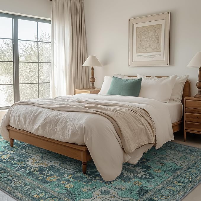 GENIMO 8x10 Area Rugs for Living Room, Machine Washable Non Slip Vintage Rugs, Low Pile Lightweight Chenille Print Rug for Bedroom, Dining Room, Home Office, Dark Green