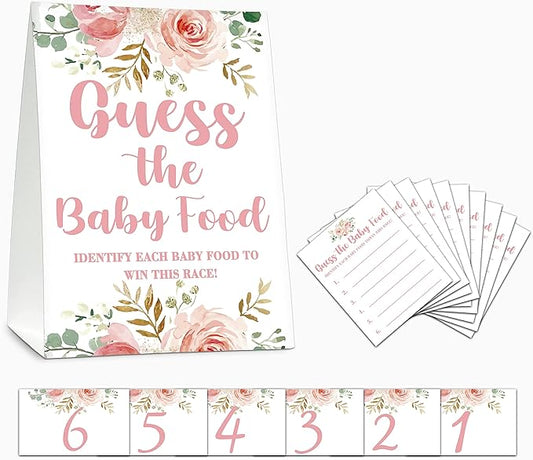 Baby Shower Game Set, Find The Baby Food Party Games(1 Standing Sign + 20 Answer Cards + 6 Number Cards), Floral Shower Games, Blush Pink Gender Reveal Party Favor Decor(A02)