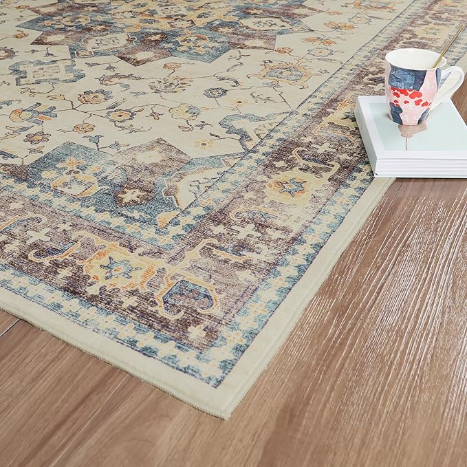 Dripex Vintage Washable Area Rug - 3x5 Entryway Rug for Indoor Door Mat Low-Pile Non-Slip Bedside Rug Bedroom Oriental Medallion Floral Print Carpet Soft Accent Rug Farmhouse Office Home Decor