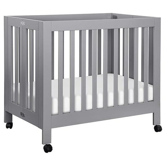 Babyletto Origami Mini Portable Folding Crib with Wheels in Grey, 2 Adjustable Mattress Positions, Greenguard Gold Certified