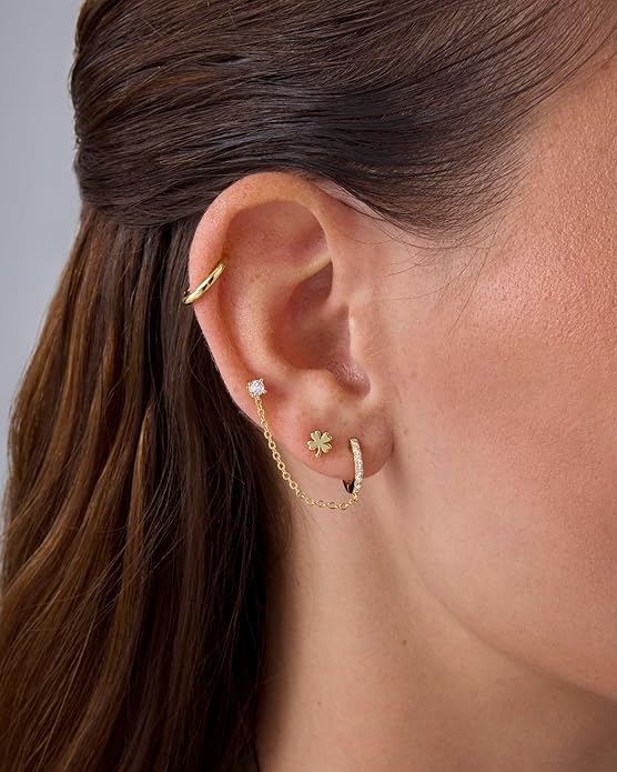 PAVOI 14K Gold Plated Dainty Flat Back Earrings for Women - Hypoallergenic Sterling Silver Posts Helix Cartilage Piercing Jewelry - Emoji Motif Bow Celestial Flatback Gold Stud Earrings Screw Back