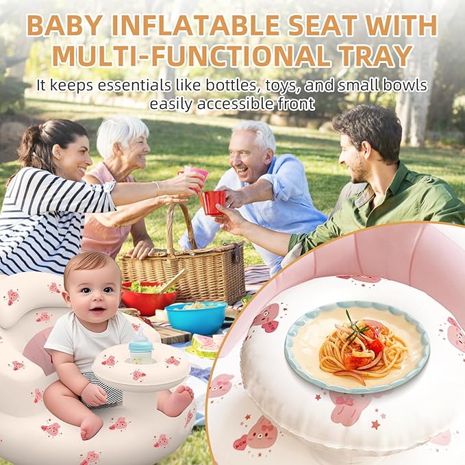 Inflatable Baby Seat with Tray, Blow up Infant Chair for Babies 3 Months and up, Comfortable Baby Floor Seats for Sitting Up, Built in Air Pump with Back Support Toddler Waterproof Sofa (Pink Rabbit)