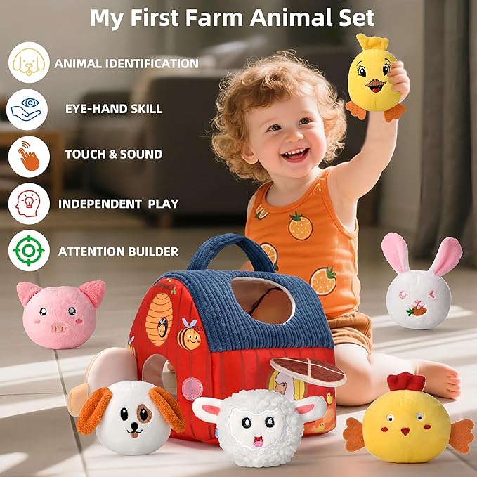Baby Toys 6-12 Months - Soft Barn Playset with Stuffed Farm Animals, Rattle, Crinkle Paper, Mirror - Montessori Toys for 6 9 12 Months Old Babies, Sensory Balls Toddlers 1-3, 1 Year Old Boy Girl Gifts
