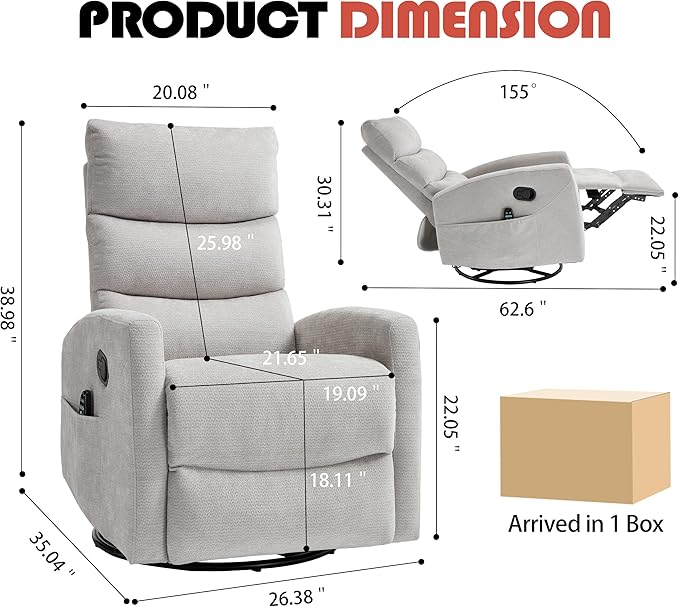 Manual Swivel Rocker Recliner Chair with Massage, Overstuffed Recliner Glider with Vibration Massage and Heat for Nursery, Living Room Reclining Sofa Chair, Fabric Light Gray
