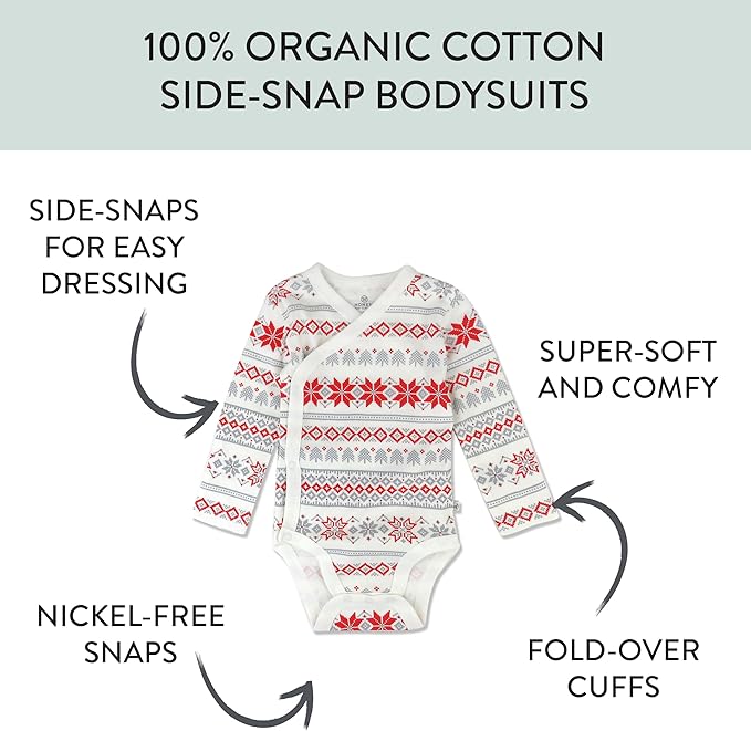 HonestBaby unisex-baby 3-pack Long Sleeve Side-snap Kimono Bodysuits Organic Cotton for Infant Baby Boys, Girls, Unisex