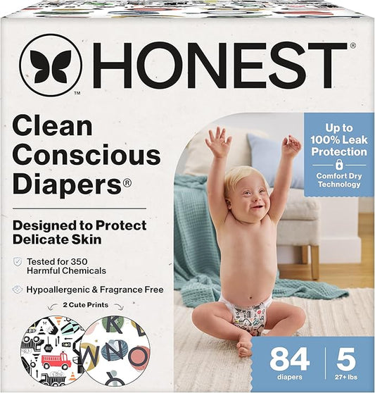 The Honest Company Clean Conscious Diapers for Delicate Skin | Up to 100% Leakproof | Hypoallergenic, Fragrance Free | Gender Neutral | Super Club Box, Size 5 (27+ lbs), 84 Count (Prints May Vary)