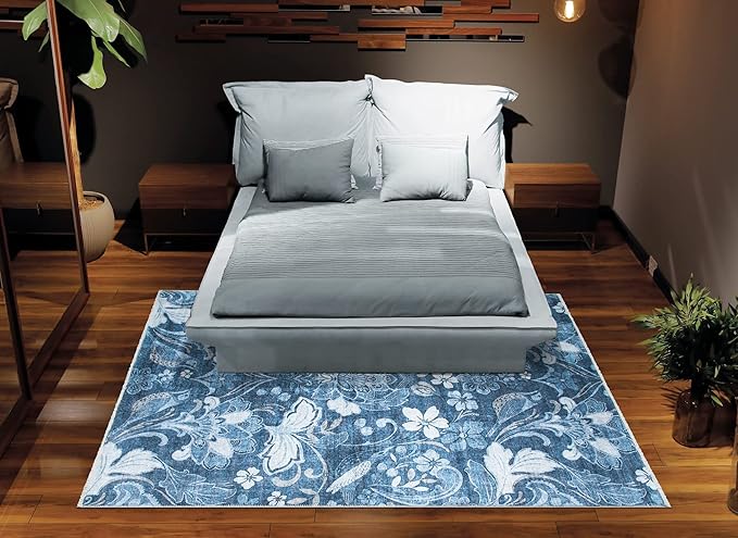 Bloom Rugs Caria Washable Non-Slip 9x12 Rug - Blue/Ivory Floral Area Rug for Living Room, Bedroom, Dining Room, and Kitchen - Exact Size: 9' x 12'