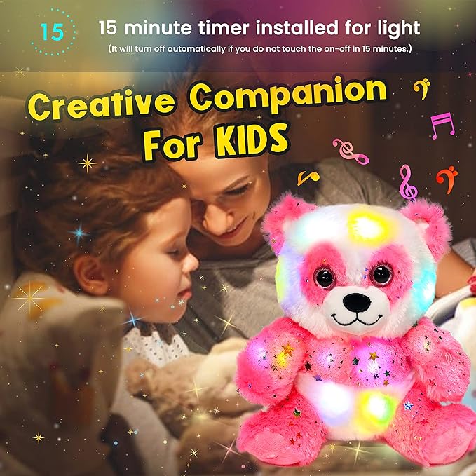 Hopearl LED Musical Plush Panda Lighting Up Singing Stuffed Toy Adjustable Volume Lullaby Animated Soothe Birthday Festival for Kids, Pink, 10.5''