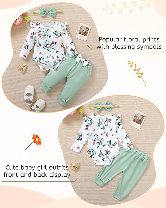 YALLET Baby Girl Clothes Newborn Infant Girl Outfits Floral Romper+Pants+Headband Fall Baby Layettes for Clothing 0-18 Months