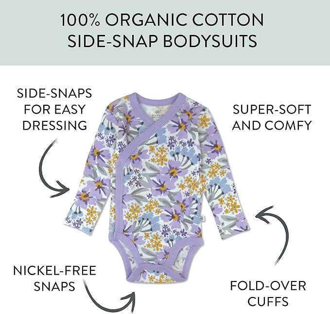 HonestBaby unisex-baby 3-pack Long Sleeve Side-snap Kimono Bodysuits Organic Cotton for Infant Baby Boys, Girls, Unisex