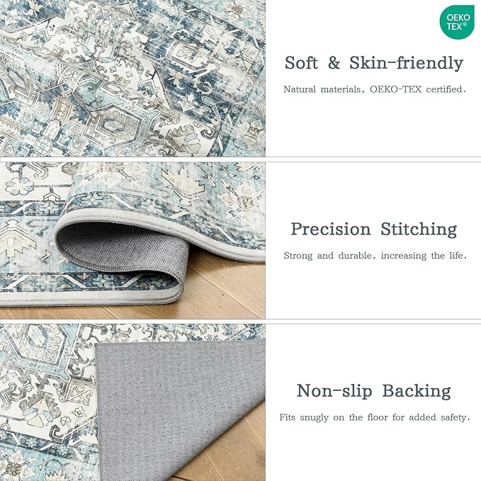 zesthome 8x10 Area Rugs-Washable Rug for Living Room, Non-Slip Backing Rugs, Stain Resistant 8x10 Rug for Bedroom, Ultra-Thin Low Pile Rugs, Vintage Large Home Decor