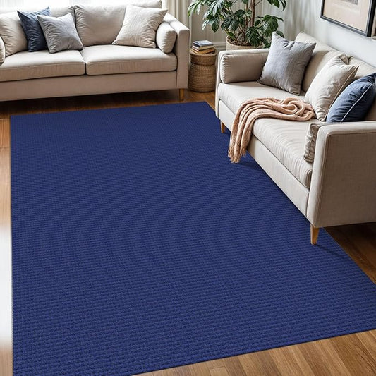 KOZYFLY Washable Area Rug 5x7 ft Rubber Backed Non Slip Rugs for Living Room Braided Cotton Bedroom Rug Woven Office Rugs Indoor Floor Carpets for Dining Bedroom Living Room, Royal Blue/Navy