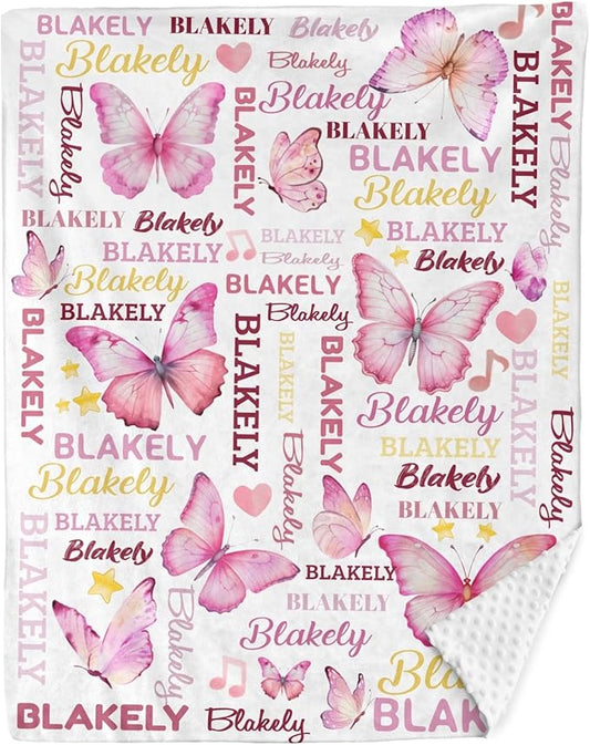 Personalized Baby Blanket for Girls Butterfly Custom Baby Blankets with Name Dotted Backing Customized Gifts for New Mom Customize Baby Blanket for Kids Newborn Birthday