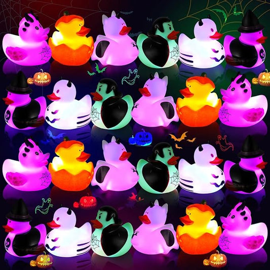 Light up Halloween Rubber Ducks Glow in The Dark Halloween Duckies in Bulk Ducking Baby Bath Toys for Trick or Treating Goodie Bag Fillers Halloween Party Favors Toys Gifts for Kids (24)