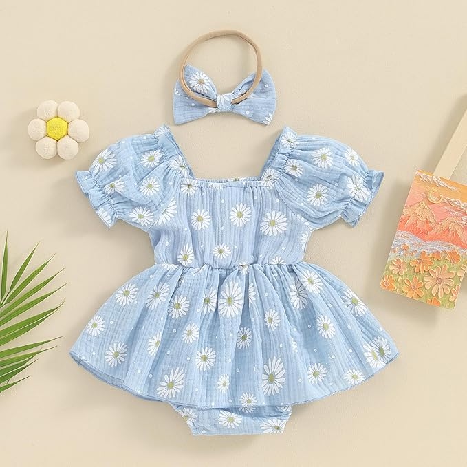 Baby Girls Floral Cotton Leotard Romper Newborn Daisy Playsuits Ruffled Sleeve Onesie Infant Jumpsuit Clothes Headband