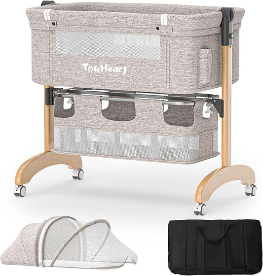 Baby Bassinet, Bedside Bassinet for Baby, 3 in 1 Adjustable Height Bedside Sleeper with Wheels, Breathable Mesh, Easy Folding Portable Crib, Rocking Mode & Storage Basket for Newborn Infants