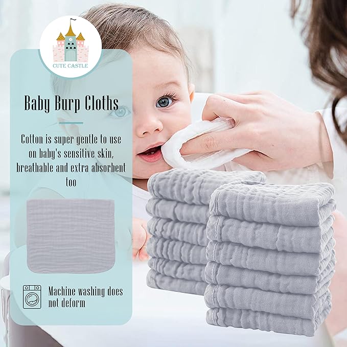 Cute Castle 12 Pack Muslin Burp Cloths for Baby - Ultra-Soft 100% Cotton Baby Washcloths - Large 20'' by 10'' Super Absorbent Milk Spit Up Rags - Burpy Cloths for Unisex, Boy, Girl - Slate