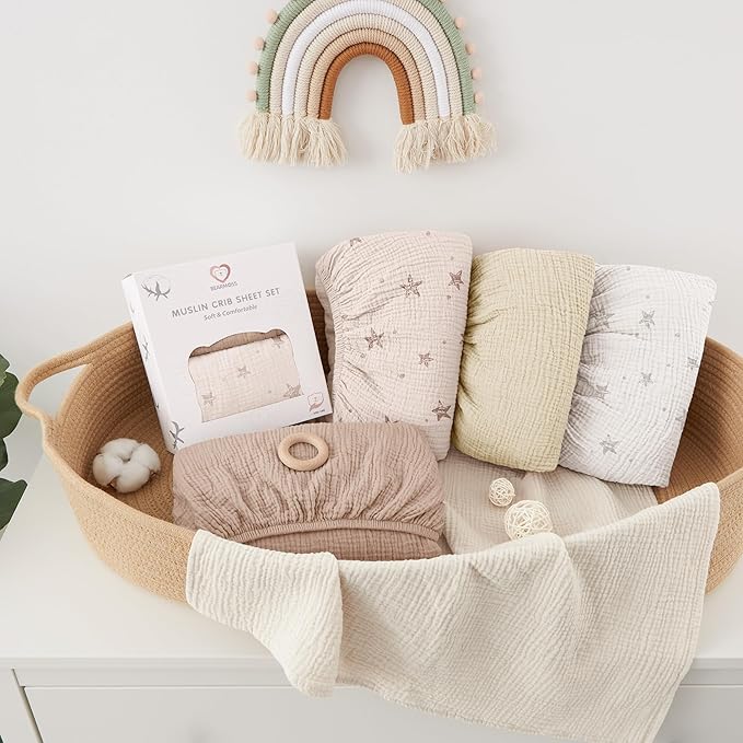 Bearmoss Muslin Mini Crib Sheets for Pack N Play Mattress - 100% Cotton - 38"x26" Soft Breathable Playard Baby Crib Sheets Neutral for Boys Girls - 2 Pack (White Star)