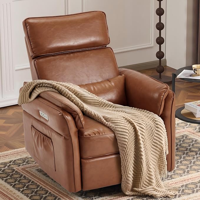 Power Recliner Rocking Chair Nursery Gliders with Adjustable Armrests and Headrest, Swivel Electric Glider Reclining Nursing Chair with USB Port and Storage Bags, FSC Certified(Leather, Brown)