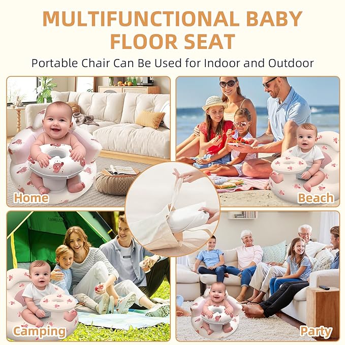 Inflatable Baby Seat with Tray, Blow up Infant Chair for Babies 3 Months and up, Comfortable Baby Floor Seats for Sitting Up, Built in Air Pump with Back Support Toddler Waterproof Sofa (Pink Rabbit)
