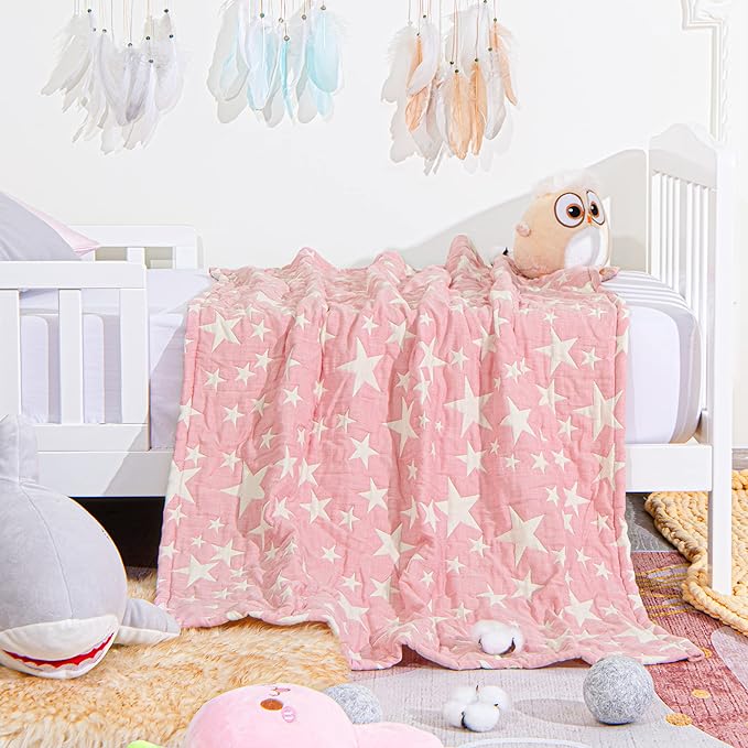 NTBAY 3 Layer Toddler Blanket, Muslin Cotton Jacquard Bed Blankets, Lightweight Thermal Baby Blanket, Super Soft and Warm Crib Blanket for All Seasons, Decoration Gift, 30"x40", Pink Star